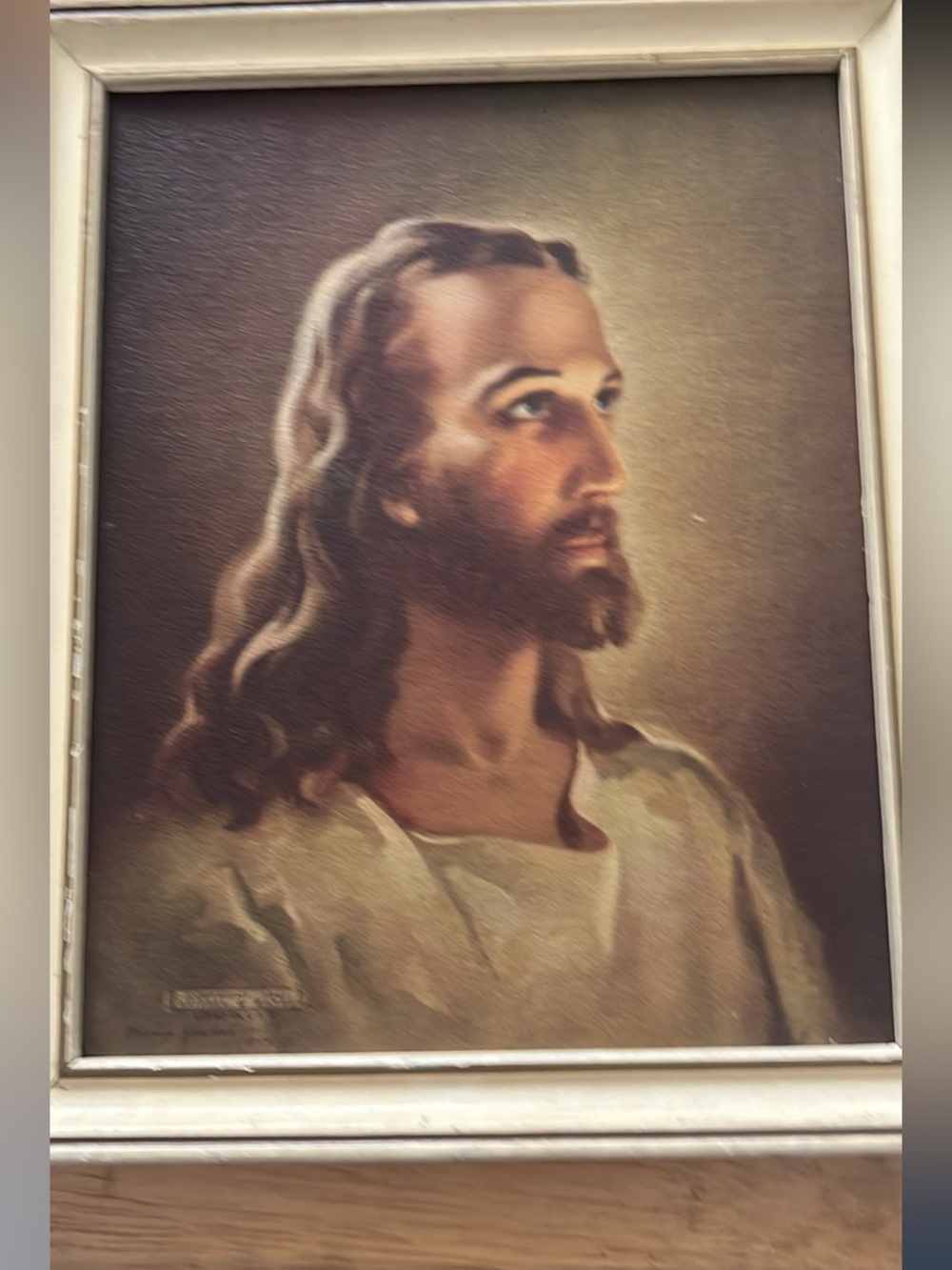 Jesus Framed Religious Portrait in Brown and Cream 1941 Signed Lithograph